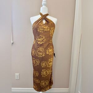 Lulus Elegant Brown gold Sheath midi Dress with Halter Neckline for Night Out